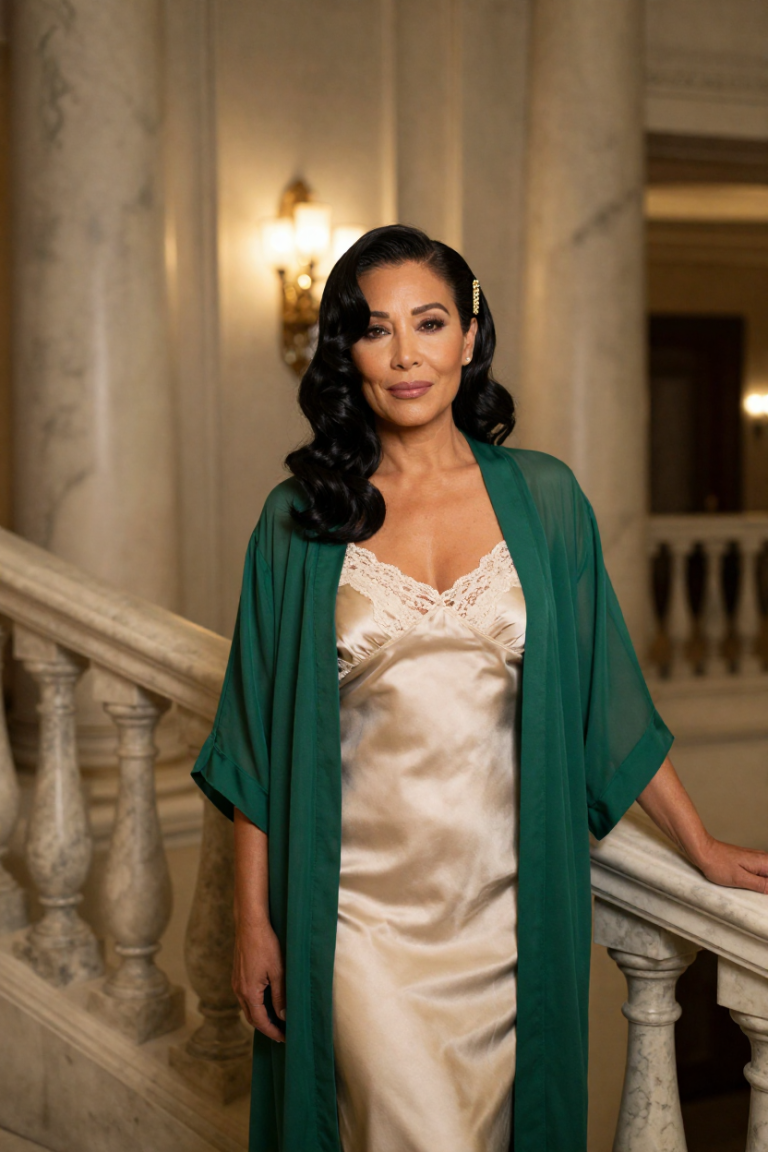 Mature muse in a champagne satin slip and sheer emerald robe beside a marble staircase in a grand hotel lobby at DeFiPortal